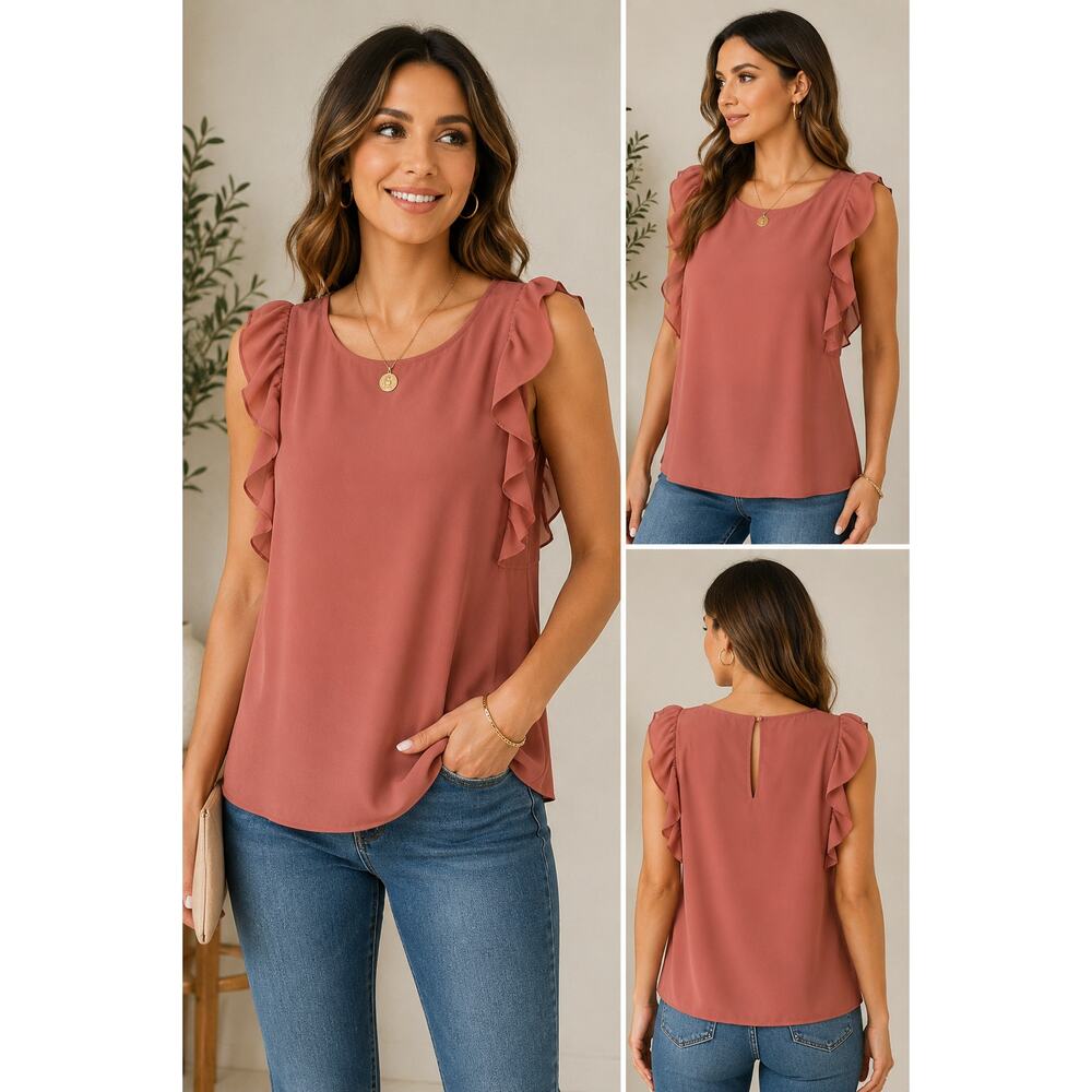 H&M Women’s Dusty Rose Ruffle Sleeveless Blouse Size 8 Lined Keyhole Back